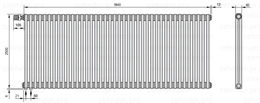 Схема (чертеж) Радиатор Zehnder Charleston 2250/40 №V001 Белый глянцевый RAL 9016